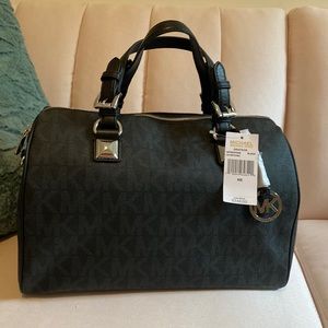 LARGE BLACK SATCHEL LOGO EMBOSSED MK HANDBAG